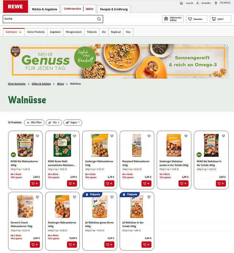 Banner auf der Rewe-Seite beim Walnuss-Sortiment