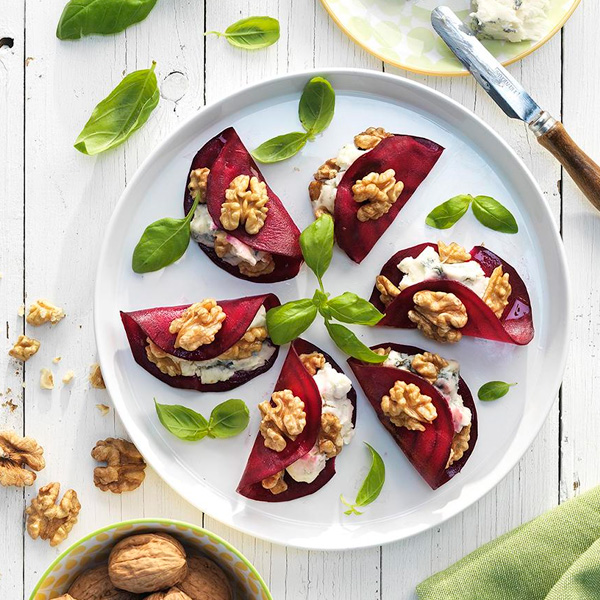 beet ravioli stuffed with blue cheese and walnuts