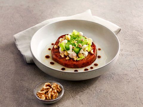 Braised Celeriac with Salty Walnut Cream, Chickpeas and Shimeji Mushrooms