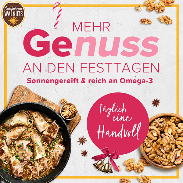 Vegane Walnuss Rouladen und eine Schüssel kalifornische Walnüsse. Text: Mehr Genuss an den Festtagen. Sonnengereift & reich an Omega-3. Täglich eine Handvoll.