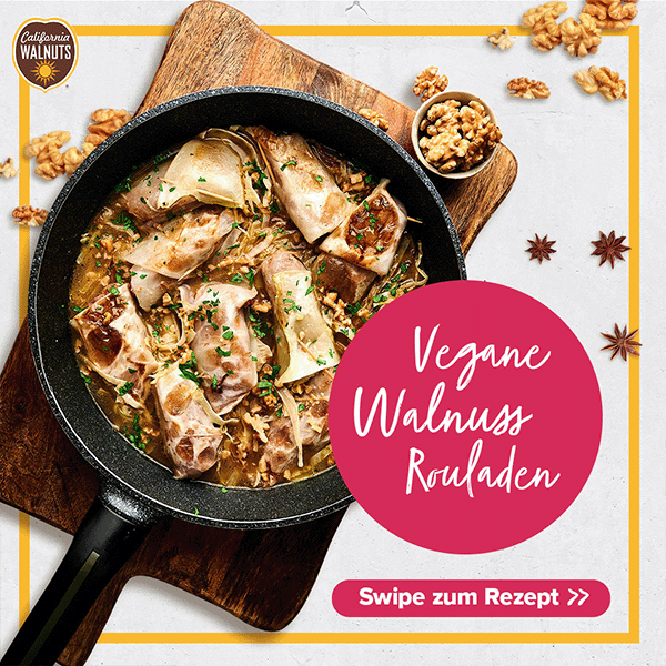 Vegane Walnuss Rouladen. Text: Vegane Walnuss Rouladen. Swipe zum Rezept.